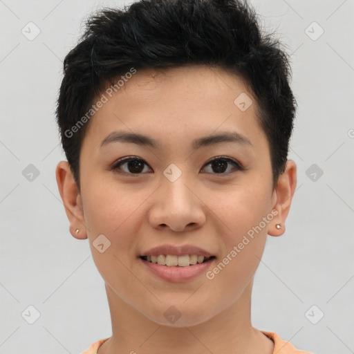 Joyful asian young-adult female with short  brown hair and brown eyes