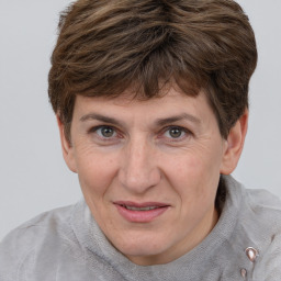 Joyful white adult female with short  brown hair and grey eyes