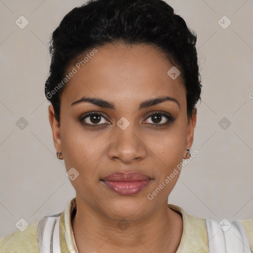 Joyful latino young-adult female with short  black hair and brown eyes