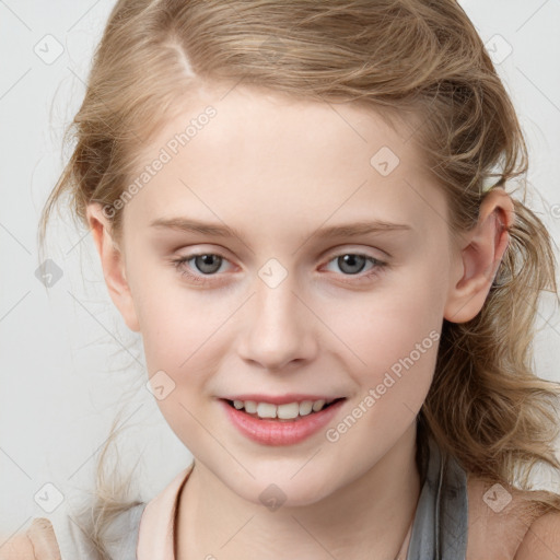 Joyful white child female with medium  brown hair and blue eyes