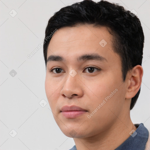 Neutral asian young-adult male with short  black hair and brown eyes