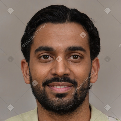Neutral black young-adult male with short  black hair and brown eyes