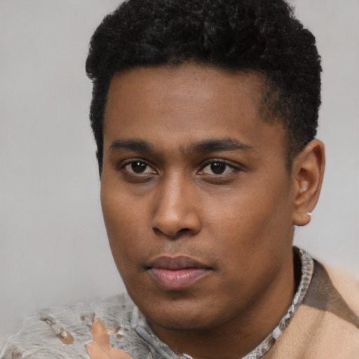 Neutral black young-adult male with short  black hair and brown eyes
