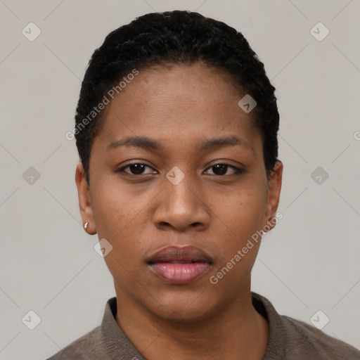 Neutral black young-adult female with short  black hair and brown eyes