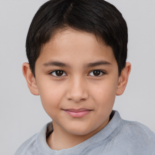 Joyful asian child male with short  brown hair and brown eyes