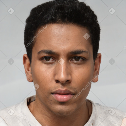 Neutral latino young-adult male with short  brown hair and brown eyes