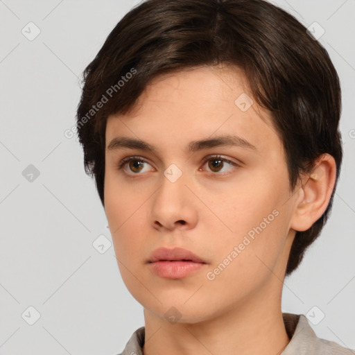 Neutral white young-adult female with short  brown hair and brown eyes