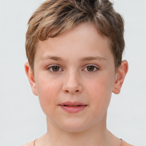 Joyful white child female with short  brown hair and grey eyes