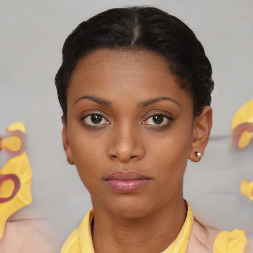 Neutral latino young-adult female with short  brown hair and brown eyes