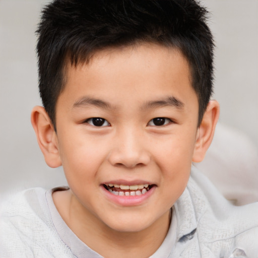 Joyful asian child male with short  brown hair and brown eyes