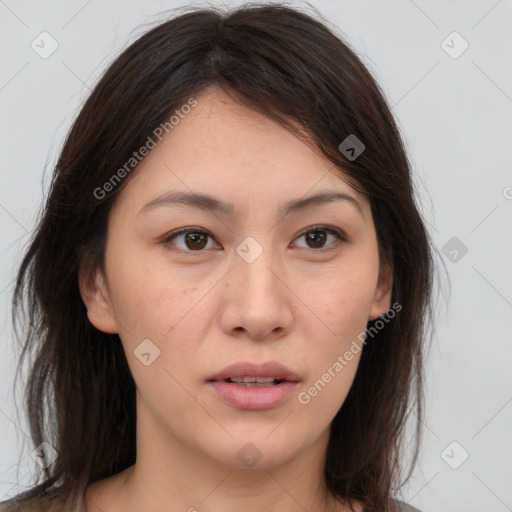 Neutral white young-adult female with medium  brown hair and brown eyes