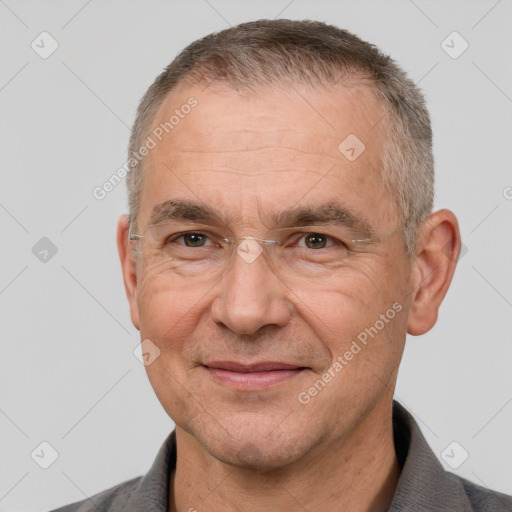 Joyful white middle-aged male with short  brown hair and brown eyes