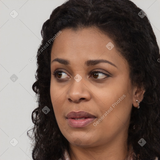 Joyful latino young-adult female with long  black hair and brown eyes