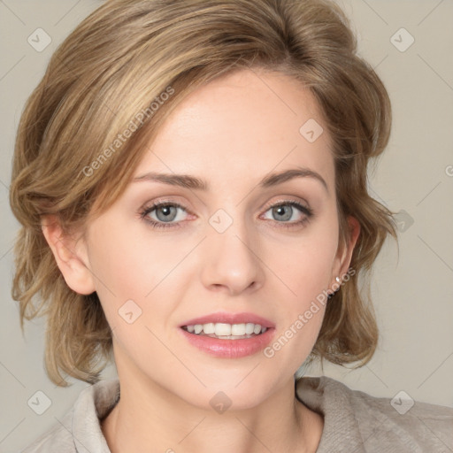 Joyful white young-adult female with medium  brown hair and blue eyes