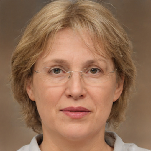 Joyful white middle-aged female with medium  brown hair and brown eyes