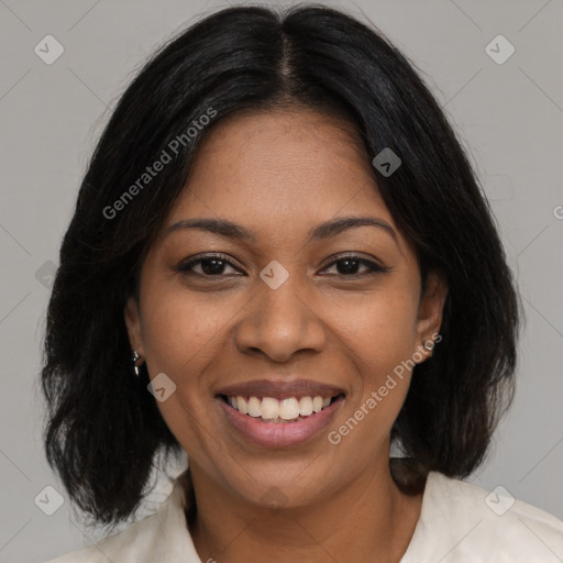 Joyful black young-adult female with medium  black hair and brown eyes