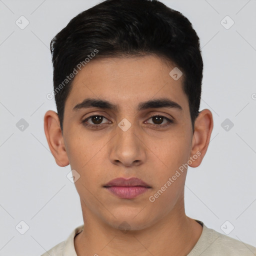 Neutral latino young-adult male with short  black hair and brown eyes