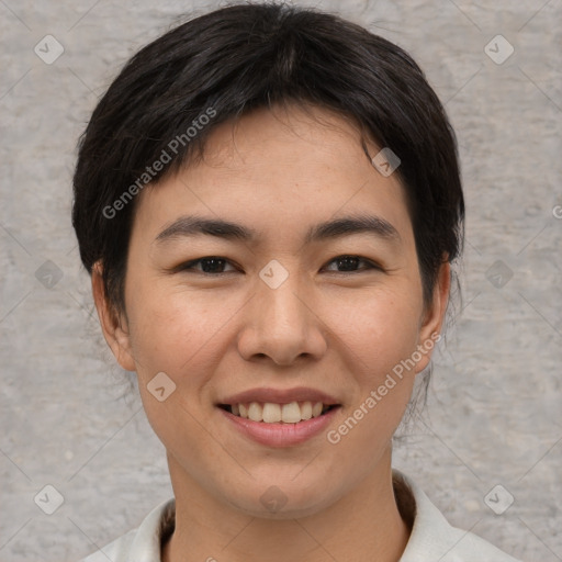 Joyful asian young-adult female with short  brown hair and brown eyes