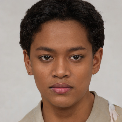 Neutral black young-adult female with short  brown hair and brown eyes