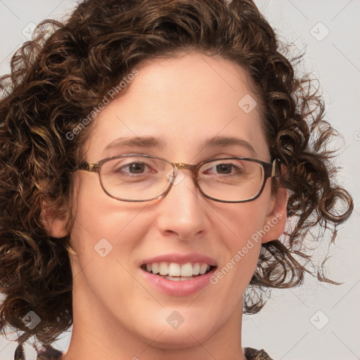 Joyful white young-adult female with medium  brown hair and green eyes