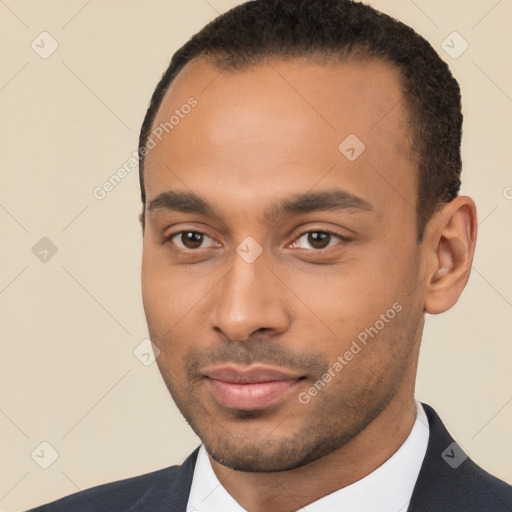 Neutral white young-adult male with short  black hair and brown eyes