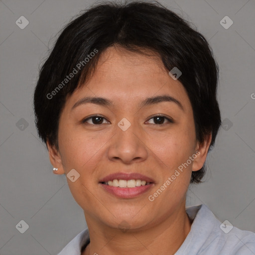 Joyful asian young-adult female with short  brown hair and brown eyes