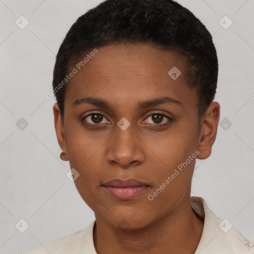 Neutral black young-adult female with short  brown hair and brown eyes