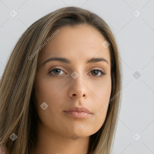 Neutral white young-adult female with long  brown hair and brown eyes