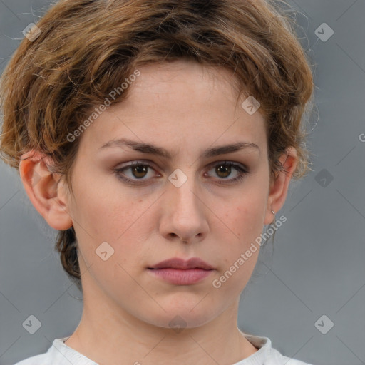 Neutral white young-adult female with medium  brown hair and brown eyes