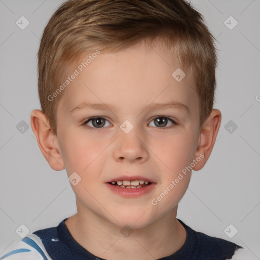 Joyful white child male with short  brown hair and brown eyes