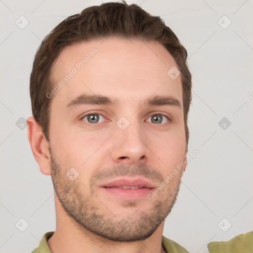 Neutral white young-adult male with short  brown hair and grey eyes