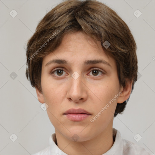 Neutral white young-adult female with short  brown hair and brown eyes