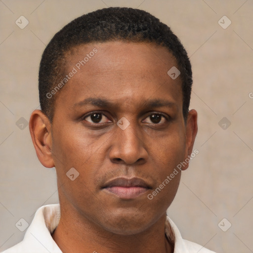 Neutral latino young-adult male with short  brown hair and brown eyes