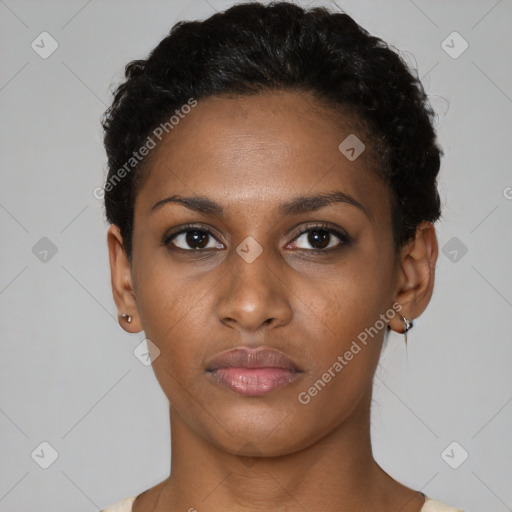 Neutral black young-adult female with short  black hair and brown eyes