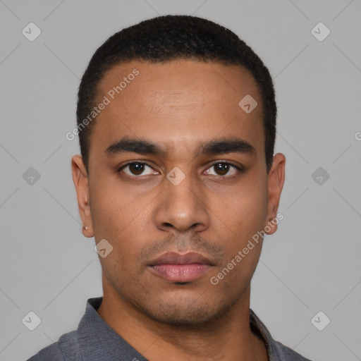 Neutral latino young-adult male with short  black hair and brown eyes