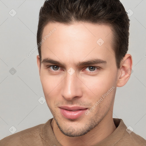 Neutral white young-adult male with short  brown hair and brown eyes