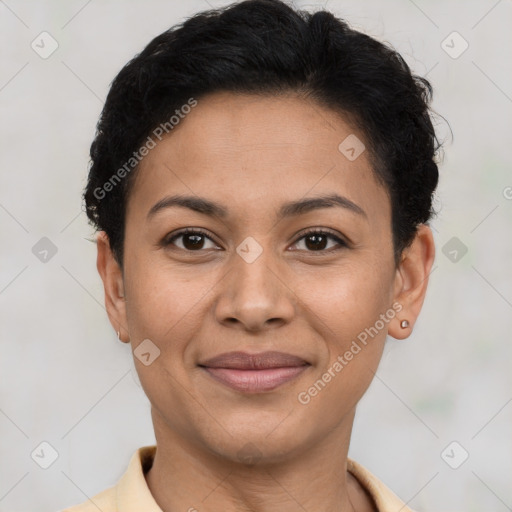 Joyful latino young-adult female with short  brown hair and brown eyes