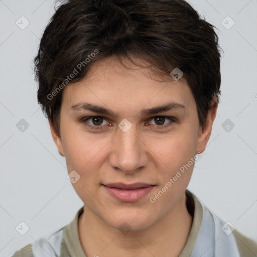 Joyful white young-adult female with short  brown hair and brown eyes