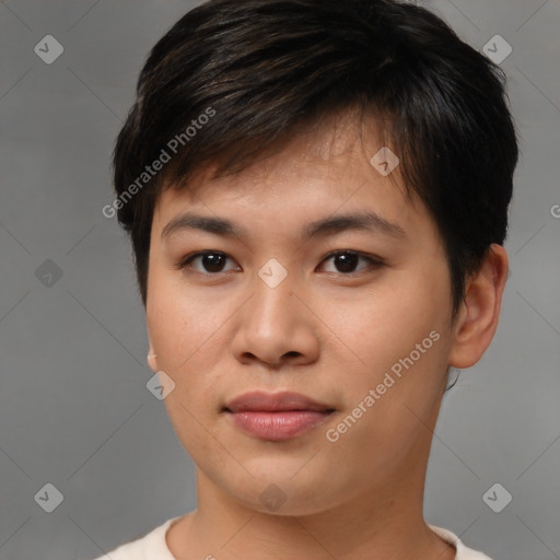 Joyful asian young-adult male with short  brown hair and brown eyes