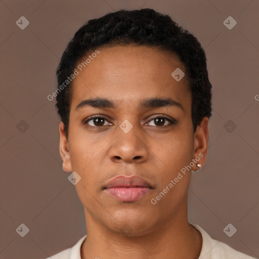 Neutral black young-adult male with short  black hair and brown eyes
