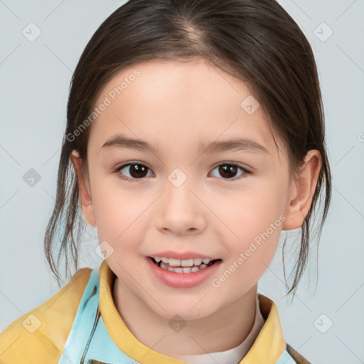 Joyful white child female with medium  brown hair and brown eyes