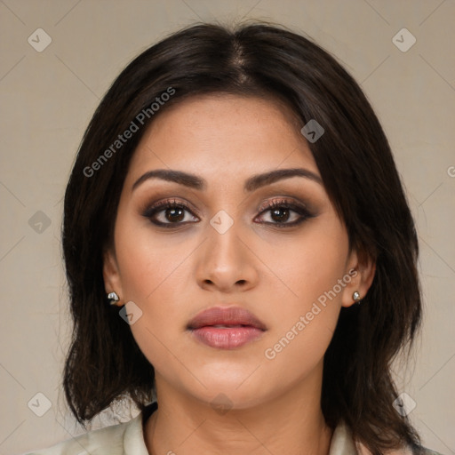 Neutral asian young-adult female with medium  brown hair and brown eyes