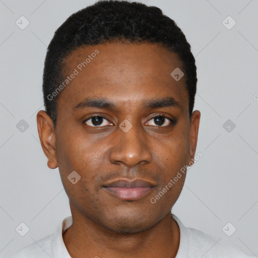 Neutral black young-adult male with short  black hair and brown eyes
