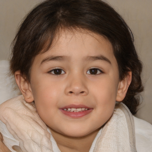 Joyful white child female with medium  brown hair and brown eyes