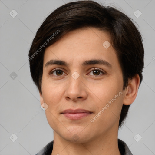 Joyful white young-adult female with short  brown hair and brown eyes