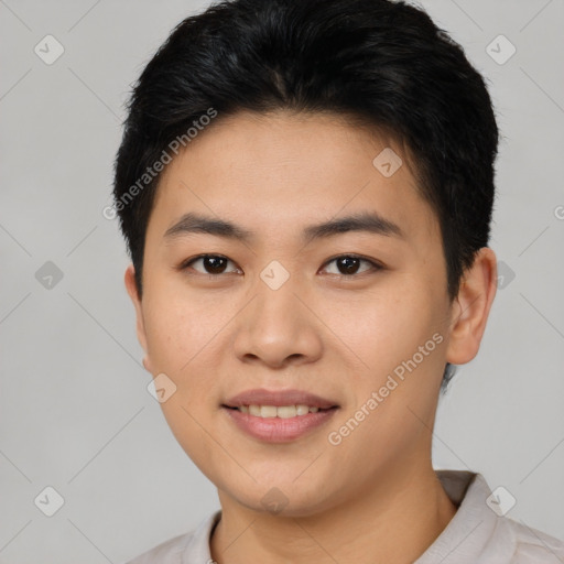 Joyful asian young-adult female with short  brown hair and brown eyes