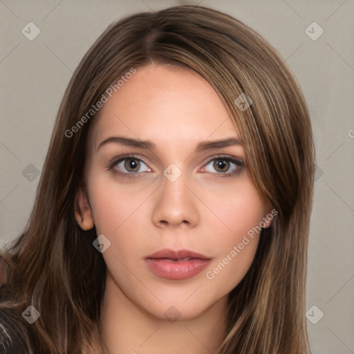 Neutral white young-adult female with long  brown hair and brown eyes