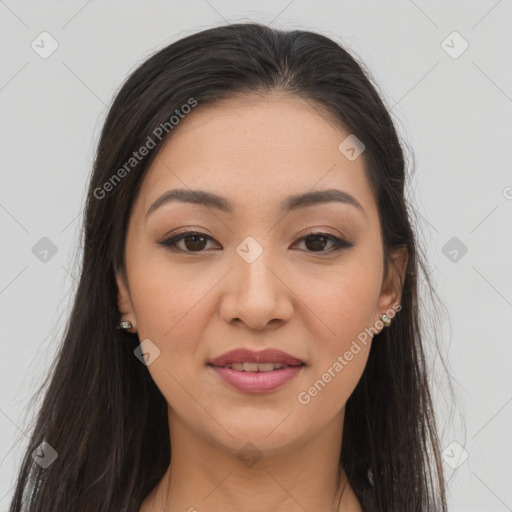 Joyful white young-adult female with long  brown hair and brown eyes