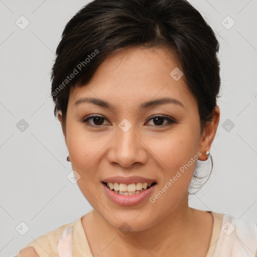 Joyful asian young-adult female with short  brown hair and brown eyes