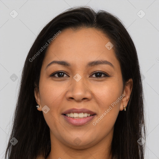 Joyful asian young-adult female with long  brown hair and brown eyes